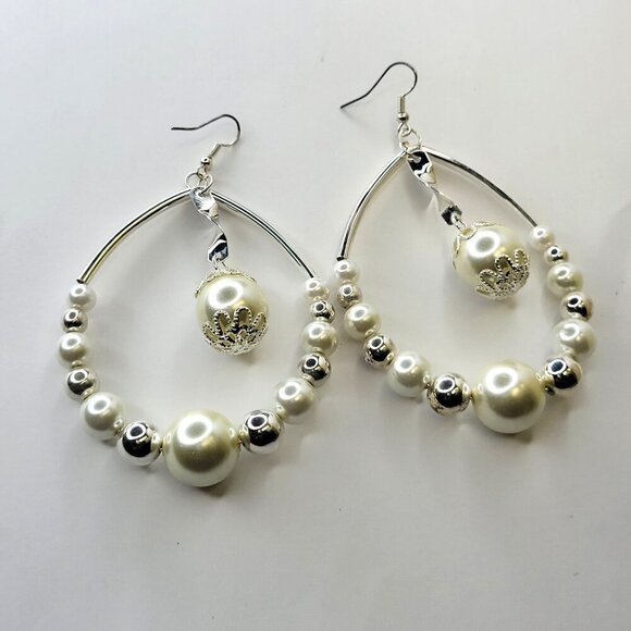 White Pearl with Silver Bead Large Teardrop Earrings Pearl Statement Earrings - Picture 6 of 7